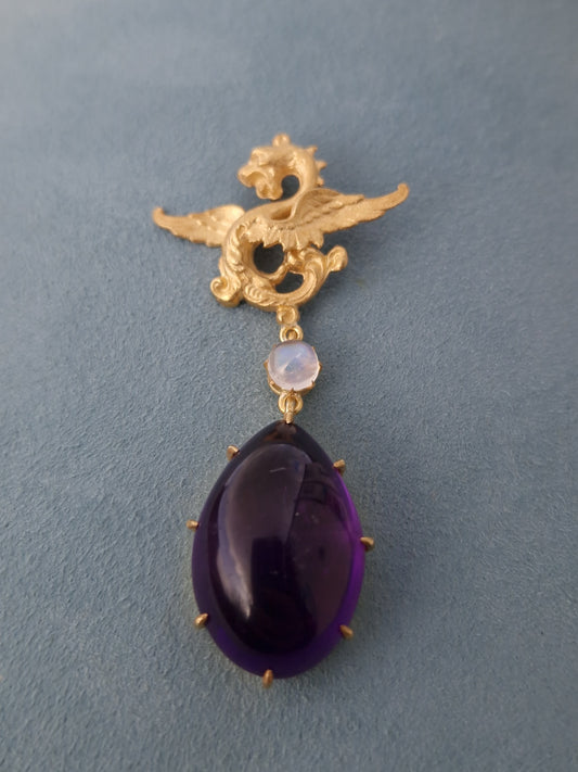 Dragon Moonstone Amethyst Silver Gilt Pendant