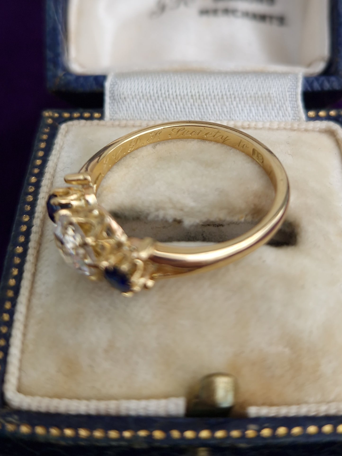 Antique Victorian Rose Cut Diamond & Sapphire 18ct Gold Trilogy Ring