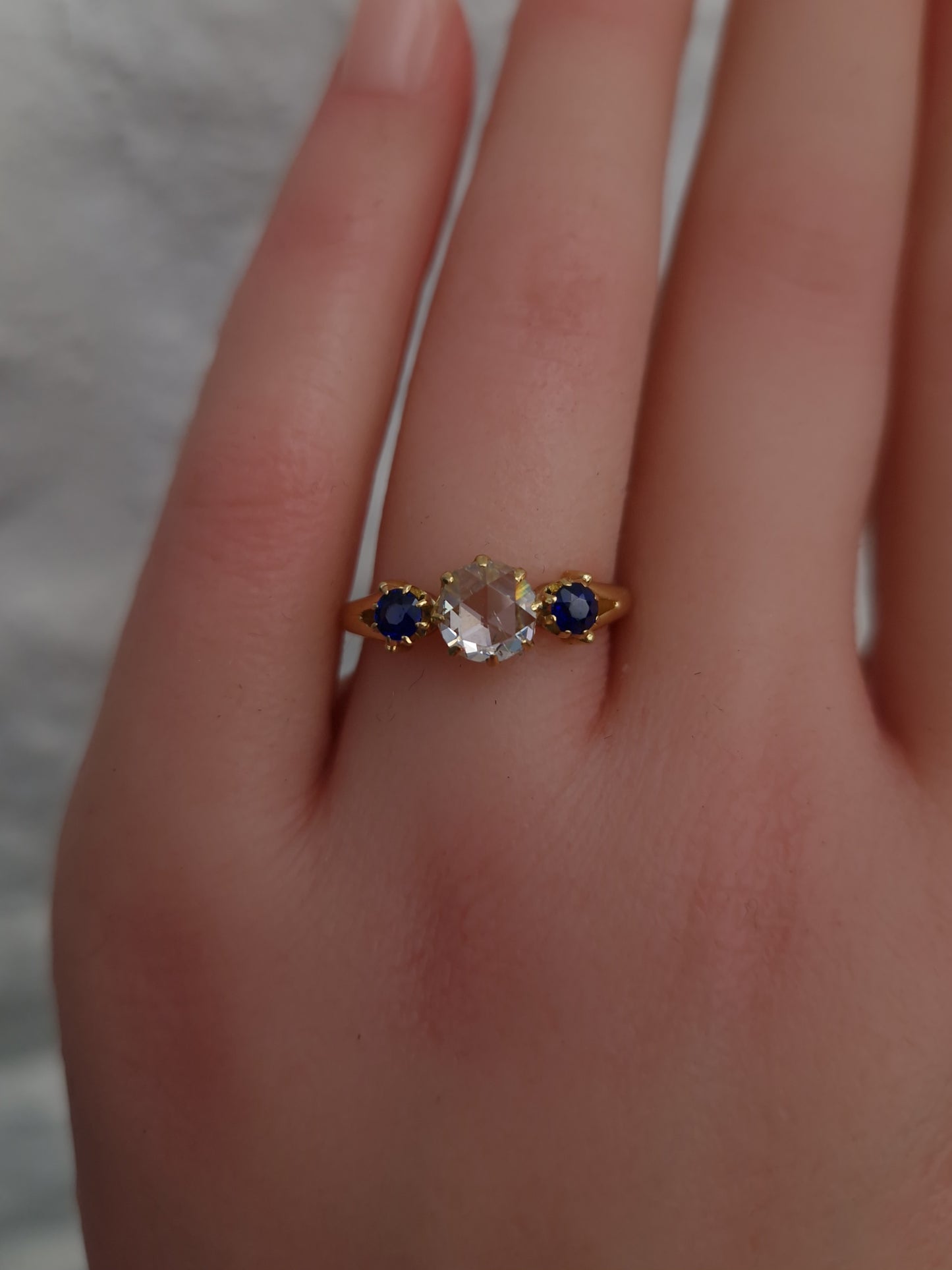 Antique Victorian Rose Cut Diamond & Sapphire 18ct Gold Trilogy Ring