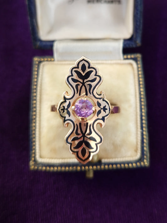 Vintage Soviet Sapphire Ring 14ct Rose Gold & Enamel