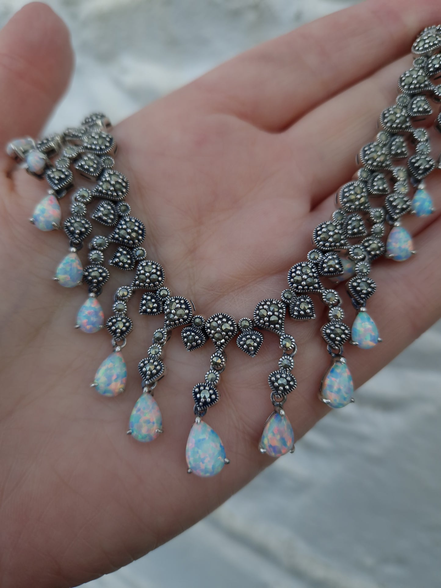 Silver Marcasite Opal Fringe Necklace