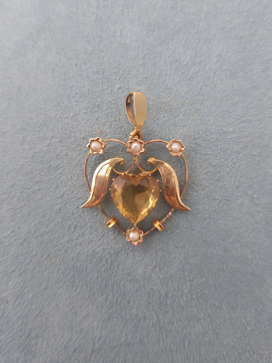 Antique Art Nouveau Citrine & Pearl Pendant 9ct Gold