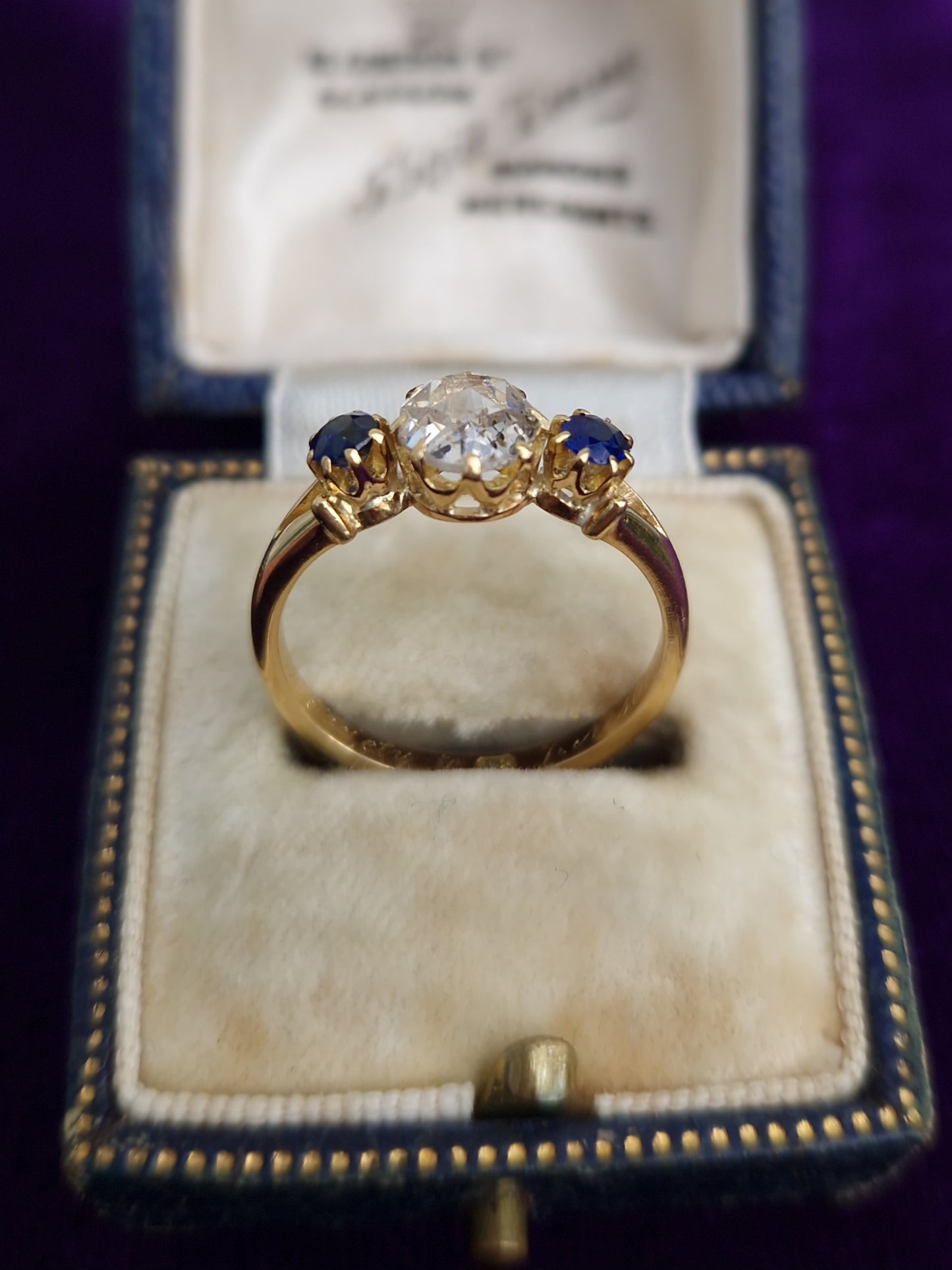Antique Victorian Rose Cut Diamond & Sapphire 18ct Gold Trilogy Ring