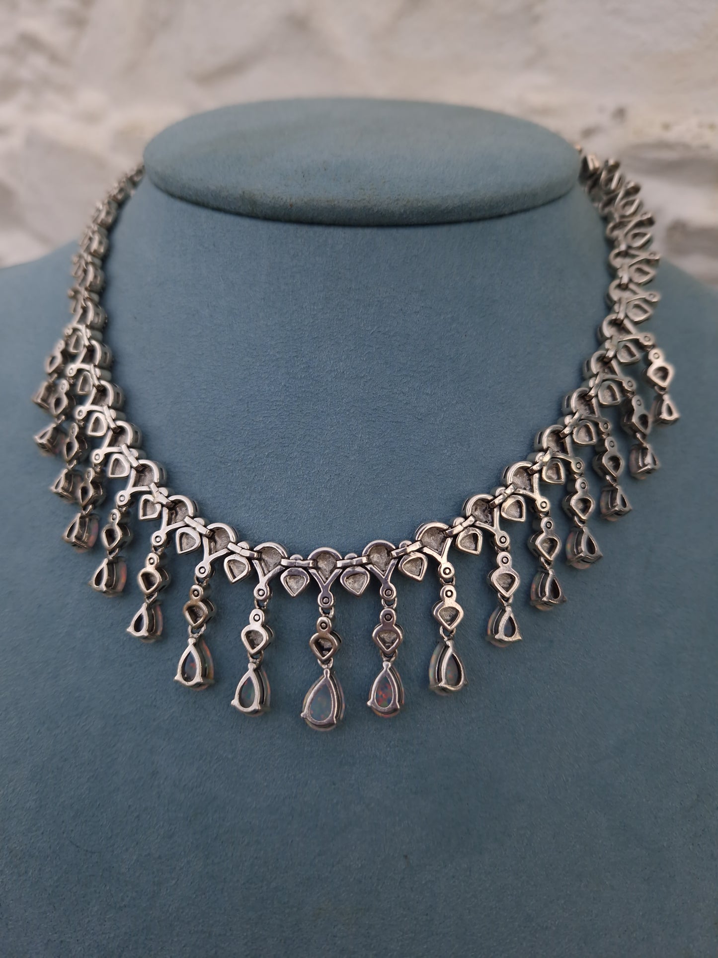Silver Marcasite Opal Fringe Necklace
