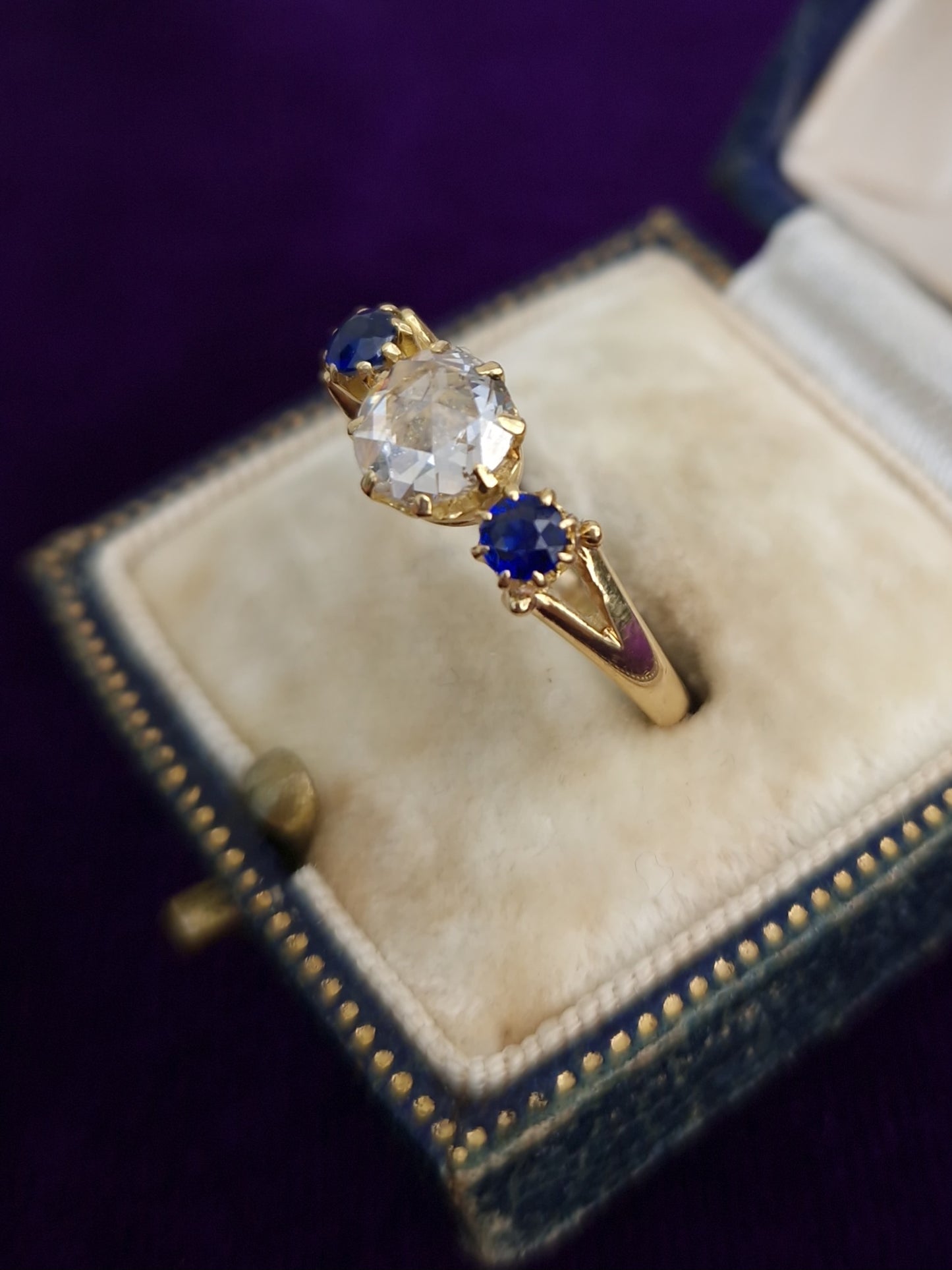 Antique Victorian Rose Cut Diamond & Sapphire 18ct Gold Trilogy Ring