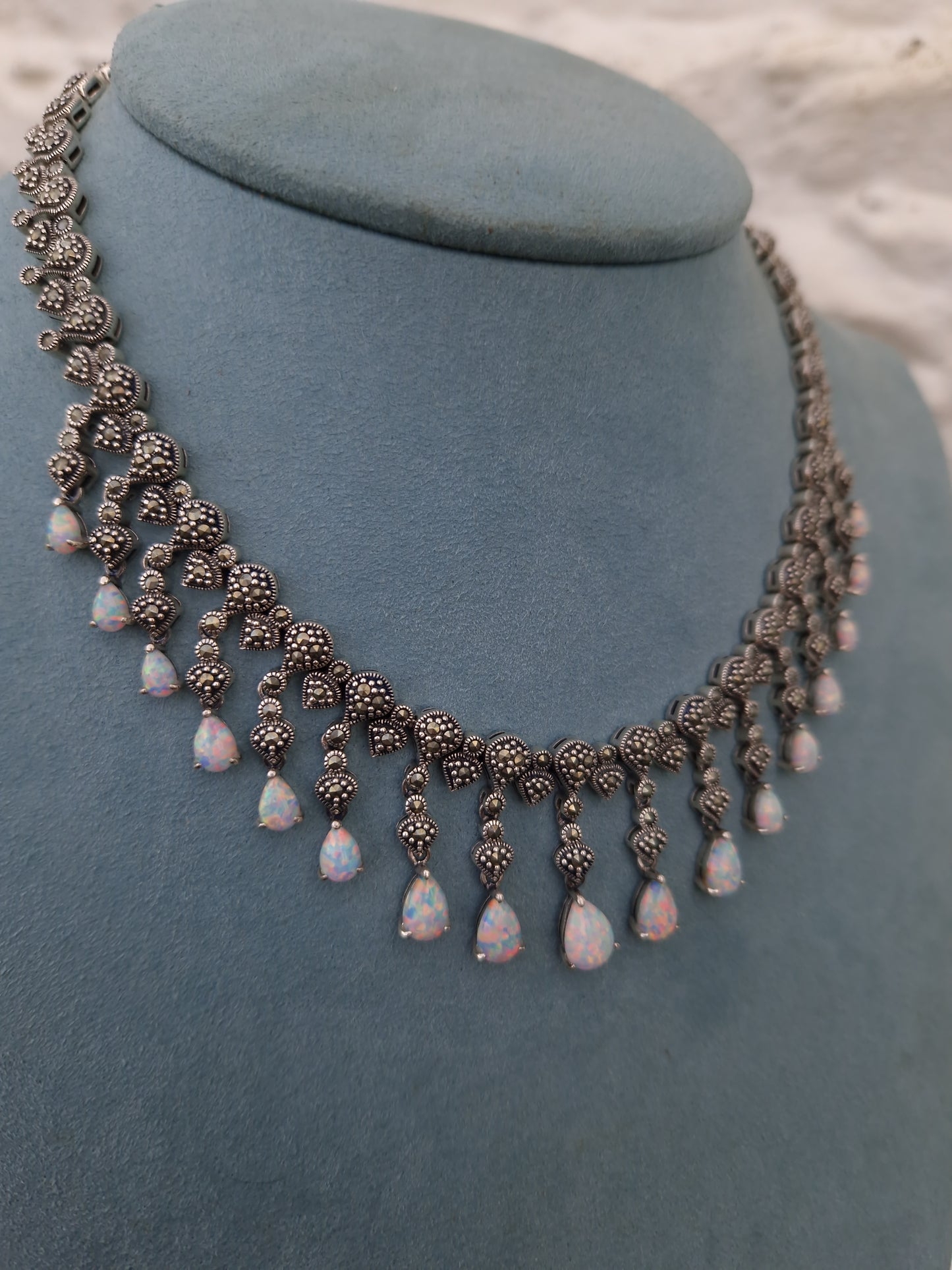Silver Marcasite Opal Fringe Necklace