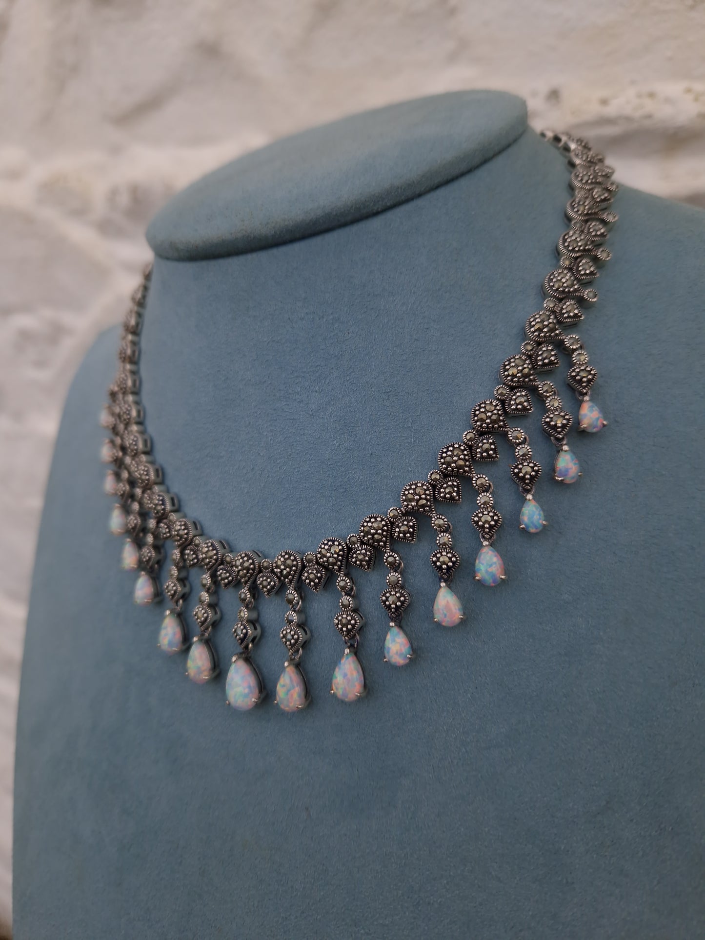 Silver Marcasite Opal Fringe Necklace