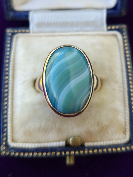 Vintage Green Banded Agate Ring 9ct Gold