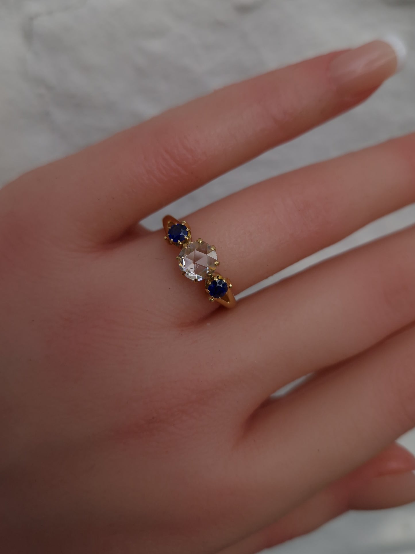Antique Victorian Rose Cut Diamond & Sapphire 18ct Gold Trilogy Ring