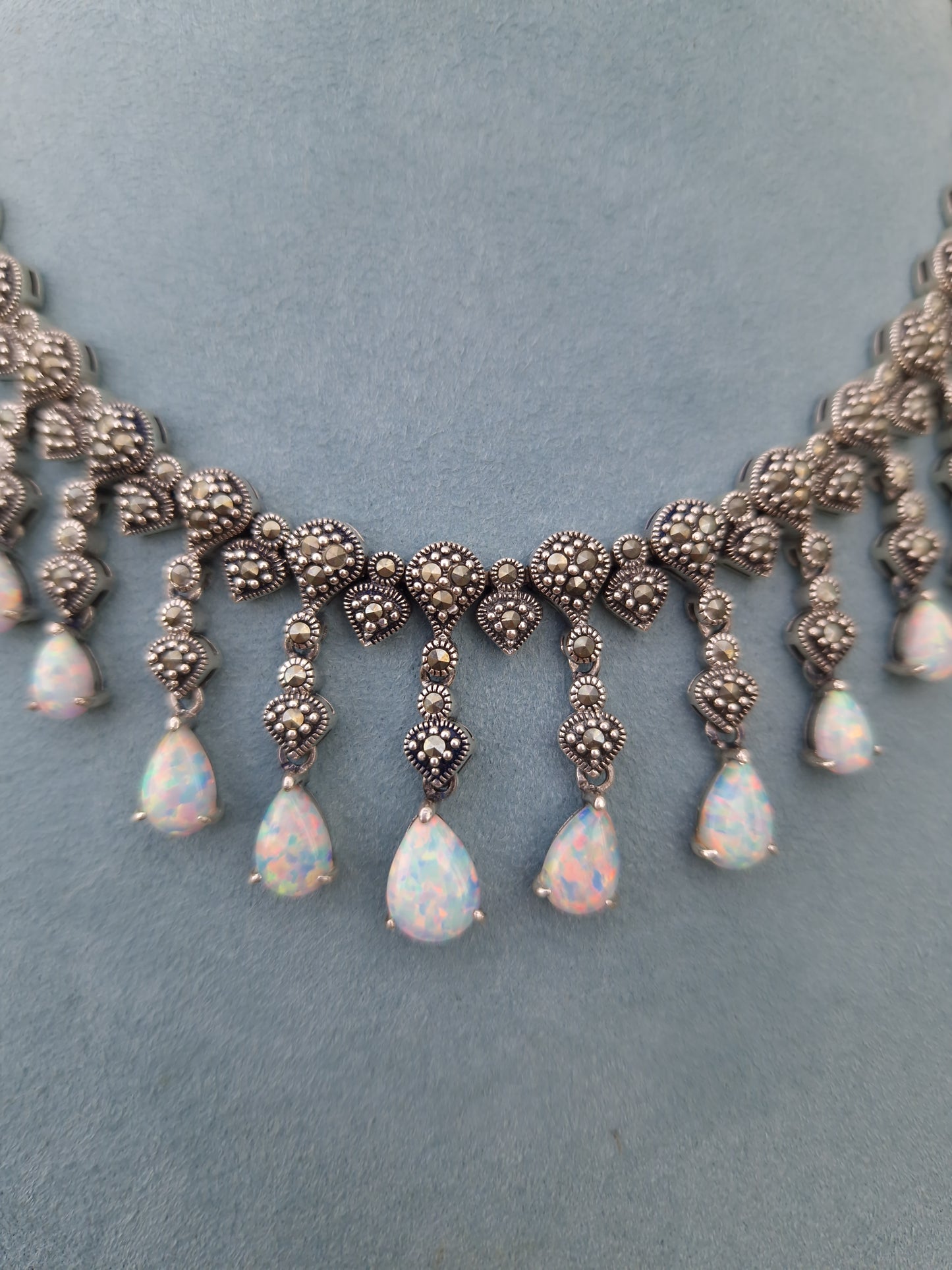 Silver Marcasite Opal Fringe Necklace