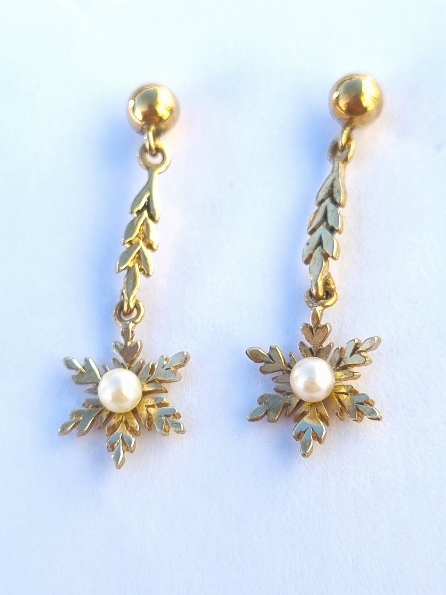 Vintage Snowflake Pearl Drop Earrings 9ct Gold