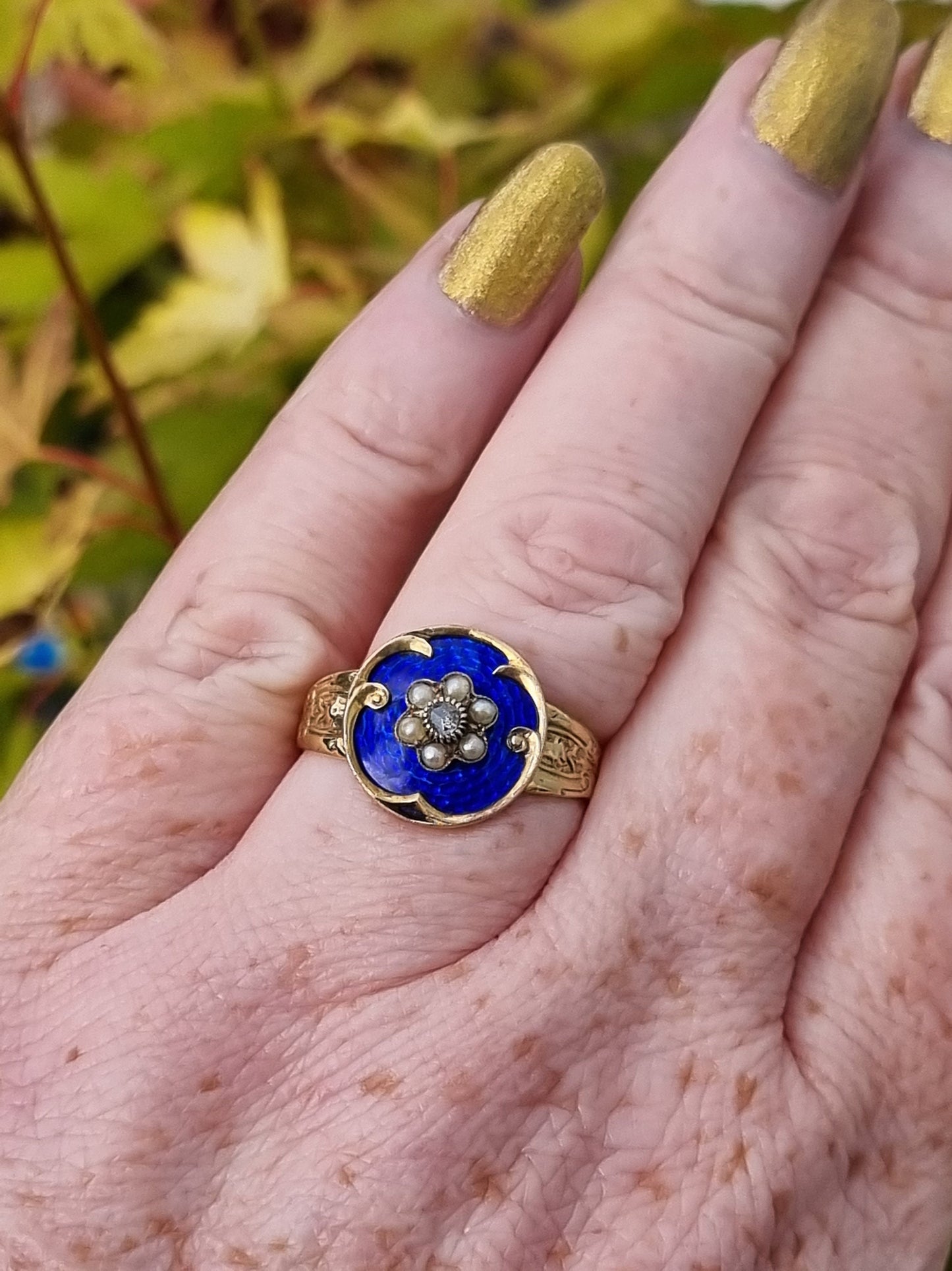 Antique Georgian 15ct Gold Enamel Diamond Pearl Pansy Ring